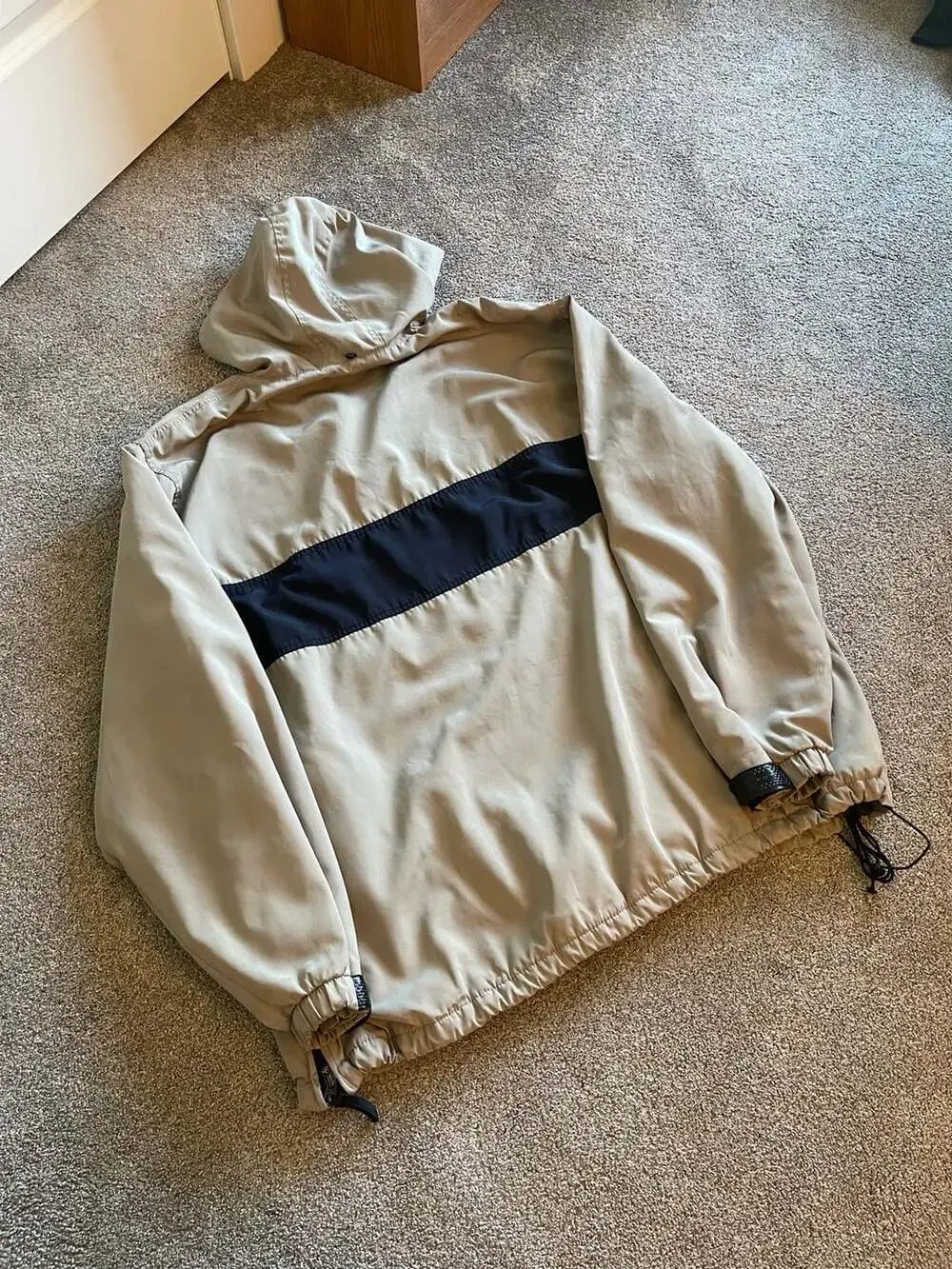 Old Navy Vintage 1/4 Zip Hooded Windbreaker Pullover Tan Black Stripe XXL